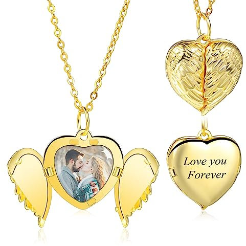 INBLUE Personalisierte 925 Sterling Silber Foto Medaillon Anhänger Halskette Herz Anhänger mit Silber/Gold/Rosegold 3 Farben Optional Schmuck Geschenke für Frauen (Gold, Engelsflügel)