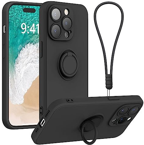 Galful Silicone Phone Case for iPhone 14 Pro with Wrist Strap Lanyard,Finger Ring Holder Magnet Car Holder Ultra Slim TPU Shockproof Protective Phone Case Cover for iPhone 14 Pro,Black