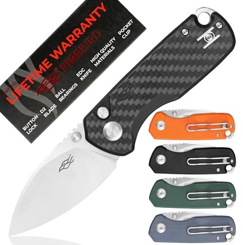 Firebird FH925-CF Cuchillo plegable de bolsillo con cierre de botón, hoja de acero D2, mango G10 antideslizante con clip, cuchillo utilitario para acampar al aire libre (fibra de carbono)