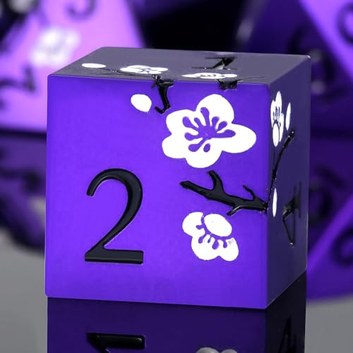 DNDND D&D-Metallwürfel, mattes Violett, 7-teilig, schweres, metallisches DND-Würfel-Set mit wunderschöner Geschenkbox für Dungeons und Drachen-Tischspiele (mattes Lila mit weißen Blumen)