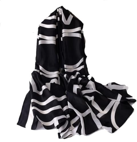 Yurosiay Seidenschal Damen Mode Dünn Seidenimitat Damenschal Satin Halstücher Elegant Business Seidentücher Weiche Leicht Schal Stola Strandtuch Sommerschal für Frauen 90×180cm Schwarz+Weiß