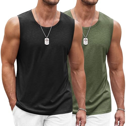 COOFANDY Herren Tank Top Ärmelloses Shirt Leicht Fitness Muskelshirt Schnelltrocknendes Gym Achselshirt Sleeveless Funktionsshirt für Männer Schwarz/Militärgrün (2 Stück) XL