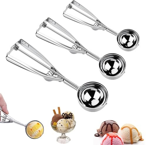 3Pcs Cuchara para Helado de Acero Inoxidable Cucharas para Bolas de Helados con Gatillo Fabricante de Bolas de Galleta para Melón Masa Galletas, 4/5/6cm