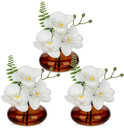 Briful Set of 3 Artificial Orchids in Amber Glass Vase, White Orchids Fake Flowers in Faux Water Artificial Flowers for Decoration Fake Plants for Living Room Bathroom Office Décor