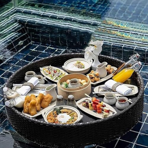 Schwimmendes Tablett Rattan gewebtes schwimmendes Serviertablett, schwimmender Frühstückskorb für Lebensmittel, Getränke und Snacks, Pool Party Serviertisch und Bar,Black-60x20cm