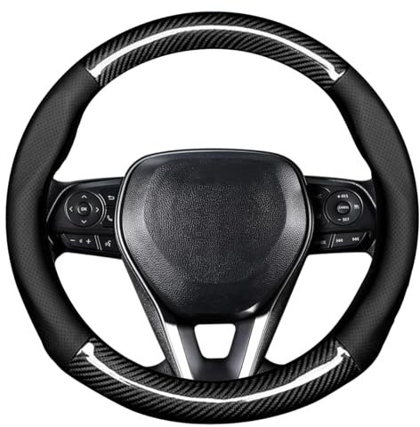 Autsop Lenkradbezug Auto Schwarz Nappa Perforiertes Leder,Kohlefaser Lenkradbezug Universal Größe 14.5-15 Zoll (37-39cm) Lenkradhülle für Sommer & Winter Auto Zubehör Interieur
