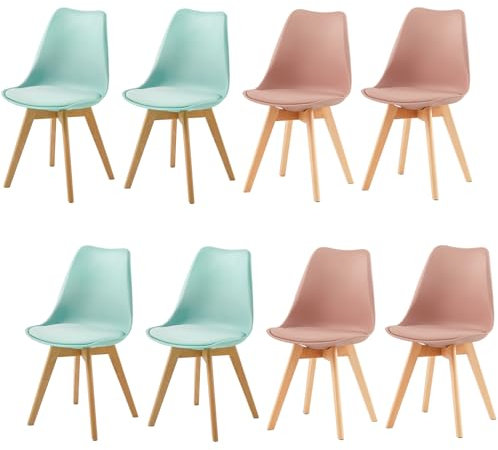 H.J WeDoo Pack 8 Sillas de Comedor Nórdico, Silla Cocina de Haya con Asiento Tapizado y Respaldo Ergonómico,4Verde Menta+4Rosa Humo