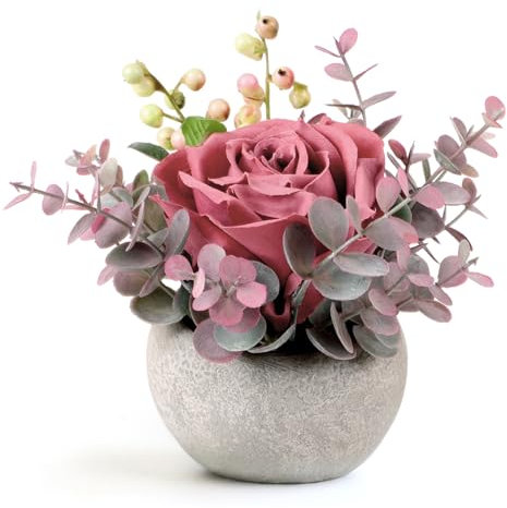 Lovmeety Faux Flowers in Pot, Pink Rose Artificial Flowers with Pot Mini Potted Plants Centerpiece Decor for Home Bathroom Office Desk Shelves Room Decorations