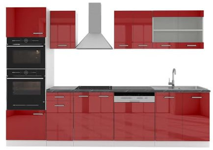 Vicco Küchenzeile R-Line, Bordeaux Hochglanz/Weiß, 300 cm mit Hochschrank, AP Anthrazit