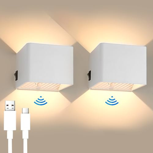 YindaLux 2 Stück 3000mAh Akku Wandleuchte mit Bewegungsmelder Innen, 5W 2700K Wandleuchte ohne stromanschluss, USB Aufladbare kabellose Wandlampe mit schalter, für Treppe Schlafzimmer Wohnzimmer,Weiß