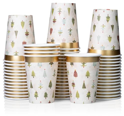 Gobelets en Papier Jetables pour Café, Lot de 50, Décoration de Noël, Tasses à Traiter pour Fêtes, 355 ml, Chaudes et Froides, avec Arbre de Noël Dessiné à la Main, Or Foil