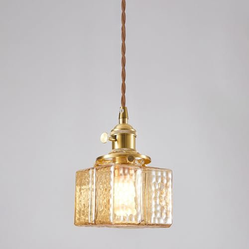 Jadssox Pendelleuchte aus gehämmertem Glas, bernsteinfarbene Hängelampe, Messing-Kücheninsel-Beleuchtungskörper, quadratische Flaschen-Hängelampen für Esszimmer, Schlafzimmer, kleiner Kronleuchter, E2