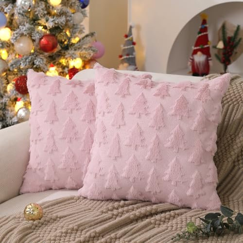 DFXSZ Set di 2 federe per cuscini a forma di albero di Natale, 45,7 x 45,7 cm, decorazione natalizia rosa, in morbida pelliccia sintetica, per camera da letto, divano, vacanze, festival, decorazione