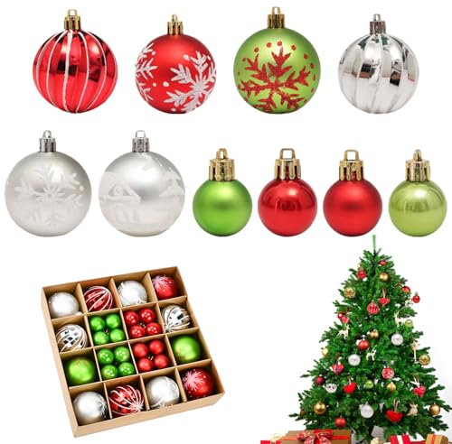 YBCCBY 44 Stück Weihnachtskugeln Rot Grün Silber Christbaumkugeln Kunststoff Weihnachtsbaumkugeln Bunt weihnachtsschmuck Kugeln Christbaumschmuck 6CM/3CM Tannenbaumkugeln Plastikkugeln für Dekor