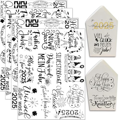 Hongma Rub On Sticker 19x14cm-Großformat Neujahr Transfers 4PCS Sprüche für Raysin für Keraflott Glas Holz DIY Deko Rub On Folie Rubons Aufkleber
