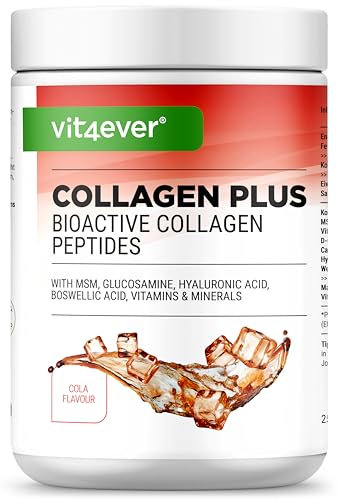 vit4ever Collagen Plus - 500 g Pulver mit MSM, Glucosamin HCL, Hyaluronsäure, Weihrauch Extrakt - 100% bioaktives Kollagen Hydrolysat Peptide - Kollagen Typ 1, 2 & 3 - Cola Geschmack