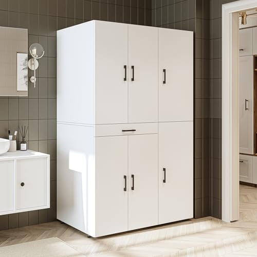 ROOMART Waschmaschinenschrank Dora Set für Trockner & Waschmaschine, in 4 Farben, mit Türen & Ausziehbrett • Weiß • Weiß Eiche • Anthrazit Eiche • Eiche (Weiß)