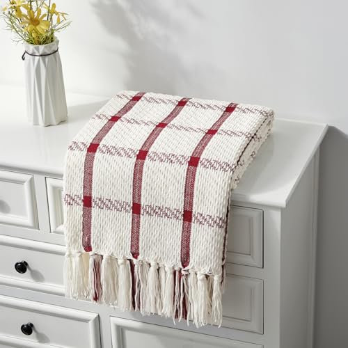 CREVENT 127 cm x 152 cm Farmhouse atmungsaktive weiche und warme Chenille-Überwurfdecke für Sofa, Couch, Bett, Heimdekoration, Überwurf mit Quasten (Rot und Weiß)