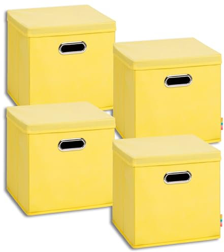 Storanda | 4er Set Aufbewahrungsbox mit Deckel 28x28x28 cm | Beiseitig Breite Griffe | Stabil & Faltbar | Regalbox für Würfelregal | Gelb
