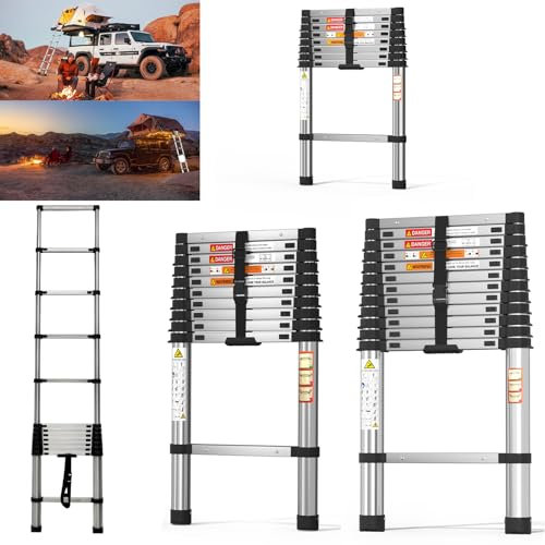 Teleskopleiter 2.6M(8.5 FT),Gerade Verlängerungsleiter,Kompakte Edelstahl-Verlängerungsleiter,Klappbare Edelstahl-Leiter mit maximaler Belastung von 150kg (330LBS) für Innen, Hochbau