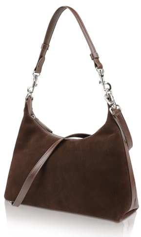 MoreFarther Wildleder und Echtes Leder Schultertasche Damen, Handtasche Damen Mittelgroß mit Abnehmbarer Schultergurt zum Crossbody Bag, Umhängetasche mit Reißverschluss(Braun)