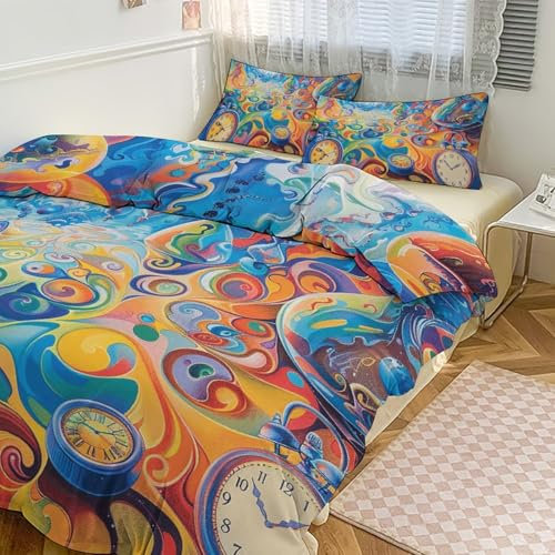 QMNVBDS Wende-Bettwäsche-Set mit Uhr und Sanduhr, Queen-Size-Bett, für alle Jahreszeiten, 3-teiliges Bettwäsche-Set mit 2 Kissenbezügen, 218,4 x 177,8 cm