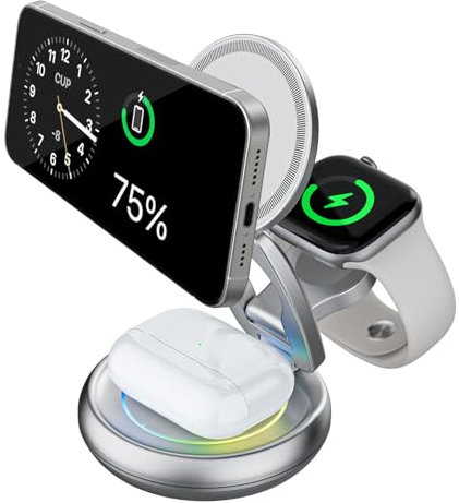 Magsafe Ladestation für Apple, 3 in 1 Induktive Ladestation für iPhone 16 15 14 13 12 11 Pro Max, für Apple Watch 10/9/Ultra/8/7/6/SE/5/4/3, für AirPods Pro 4 3 2, Silber