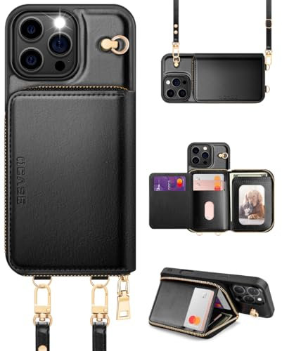 OCASE for iPhone 16 Pro Max Case, PU Leather Crossbody Zipper Wallet Case with Wrist Strap Lanyard, Kickstand, RFID Blocking Card Slots, Shockproof Phone Cover for 6.7 Inch iPhone 16 Pro Max, Black