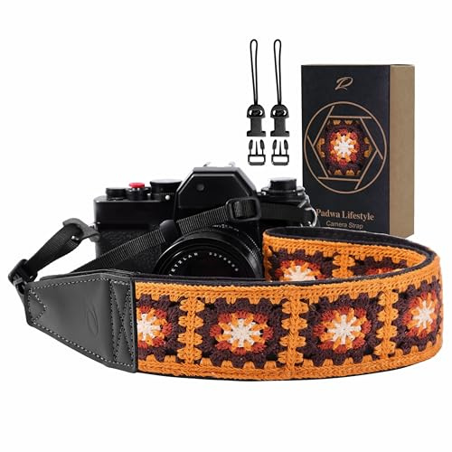 Padwa Lifestyle Yellow Crochet Camera Strap - 2 Full Grain Leather Ends Camera Straps for Photographers, Vintage Embroidered Cotton Soft Suede Fabric Padded Strap with Quick Release fits All Cameras