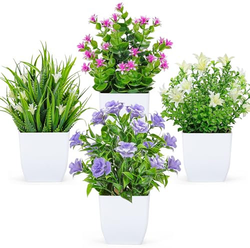 BTSD-home 4-Pack Kleine gefälschte Pflanzen Mini Künstliche Faux Pflanzen mit Blumen für Home Room Bauernhaus Badezimmer Dekor Indoor
