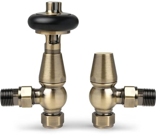 Antique Brass Angled Radiator Valves Antique Radiator Valves 15mm x 1/2 for Heated Towel Rails & Central Heating Radiators Wood Head Brass Radiator Valve Set