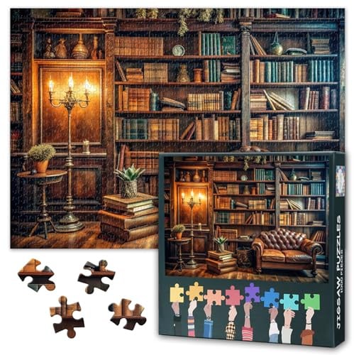 Vintage Bücherregal Puzzles für Erwachsene - Puzzles 1000 Teile Erwachsene, 70 x 50 cm Bibliothek und Bücher Kunst schwierig und Herausforderung Puzzle-Spiel für Wohnzimmer Wanddekoration