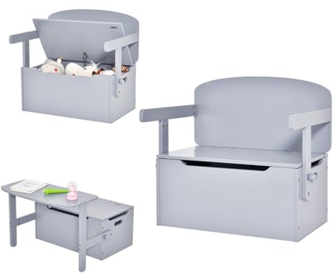 LIFEZEAL Panchina 3 in 1 per bambini, in legno, con vano portaoggetti e braccioli, con scrivania, cassapanca per giocattoli, adatto per bambini dai 3 ai 7 anni (grigio)