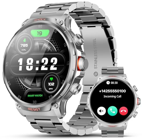 WalkerFit Smartwatch Herren mit 710mAh Akku & Bluetooth Telefon, Militär Sportuhr mit 1.85 Großem Display, Lange Akkulaufzeit, Kompatibel mit Android iOS (Silber)