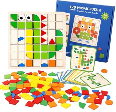 Muslecid 120pcs Montessori Spielzeug Kreative Mosaik-Puzzle,Hölzerne Muster Blöcke Set,Form Matching Game, Tangram Kinder,Sensorische Feinmotorik Konzentrationsspiele Lernspiele ab 3 4 5 6 Jahre