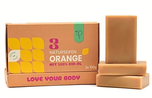 Naturseife Orange – 3 × 100 g | Mit 100% Bio-Ölen | Handgemachte 3-in-1 Seife für Körper, Rasur & Haare | mit Mandel & Jojoba & ätherischem Orangenöl, vegan, plastikfrei & frei von künstlichen Düften
