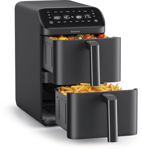Brabantia Double Stack Airfryer XXL, 10 L, 2 Vertikale Schubladen | PFAS-frei, Heißluftfritteuse, 6 Automatische Programme, 2700 W, Digitaler Touchscreen, Schwarz, BBEK1240