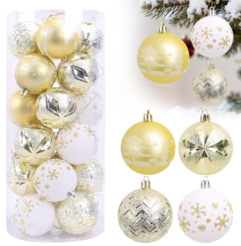 24 Stück Weihnachtskugeln Kunststoff, Weihnachtsdeko Weihnachtskugeln Christbaumkugeln Weihnachtsbaumkugeln Set, Personalisierte christbaumkugeln für Weihnachtsdeko Außen Innen (Gelb)