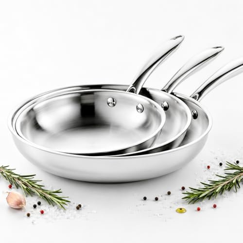 Cflagrant Poêle Inox 18/10 Triply Premium Sans PFAS/PFOA/PTFE/Cadmium, Acier Inoxydable 3 Couches, Compatible Induction, Tous Feux et Four, Qualité Professionnelle (Lot de 3 Grandes Poêles 24/28/32cm)