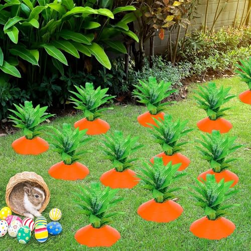 GoTilo Osterdeko Garten Karottenstecker 12er Set, 3D Gartenstecker für draußen, Karotten Deko aus Kunststoff für Beet, Rasen & Vorgarten, wetterfeste Frühlingsdeko und Osterdeko außen