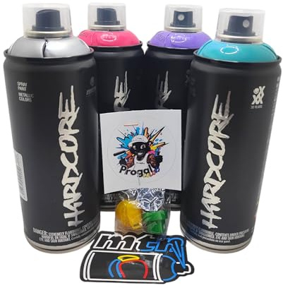 Montana Colors Hardcore Pintura en Aerosol Profesional, Pack de 4 Latas 400ml, Colores Plata, Turquesa, Violeta, Fucsia, con 3 Boquillas de Repuesto + 1 Sticker MTN