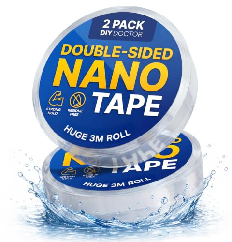 DIY Doctor Double Sided Nano Tape, 3m x 22mm Roll, 2 Pack | Extra Strong Heavy Duty Hold. Traceless, Washable and Removable Gel. Multi-functional