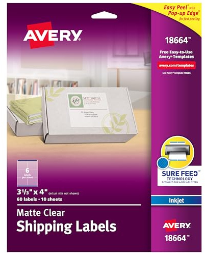 Avery Printable Shipping Labels with Sure Feed, 3-1/3 x 4, Matte Clear, 60 Blank Mailing Labels (18664)