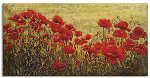ARTLAND Wanddeko Leinwand Bilder Wandbild 100 x 50 cm Botanik Blumenwiese Mohnblume Malerei Rot A0YU Mohnfeld