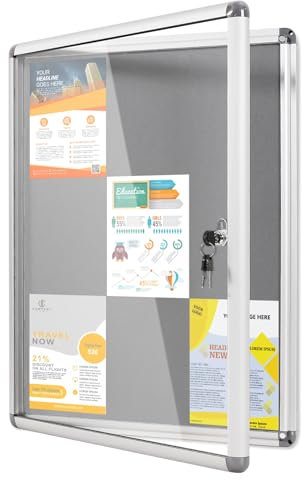 MAKELLO Lockable Noticeboard 980x720mm, Display Pinboard Case for Office School Home Store Community Centre, Grey Felt, Aluminum Frame, 9xA4