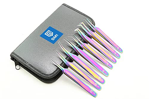 SMI 8 Stück Wimpern Pinzette Faserspitze Wimpernpinzette Wimpernverlängerung Pinzette Spitz Wimpernzange Gebogen und Gerade Edelstahl Künstliche 3D 6D Volumen Wimpern mit Etui (Farbe Regenbogen)