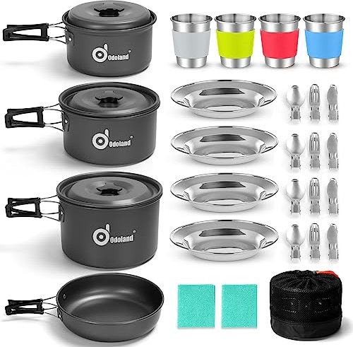 Odoland Camping Kit de Utensilios de Cocina de 27 Piezas para 4 Personas, Set de Ollas y Sartén Ligeras Antiadherentes con Tazas de Acero Inoxidable Platos Tenedores Cuchillos Cucharas para Acampada