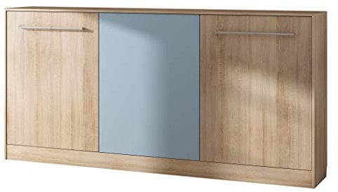 BIM Furniture Wandbett Horizontal Schrankbett Roger 90x200 cm Wandklappbett, Schrankklappbett, Schrank mit integriertem Klappbett, Funktionsbett (Sonoma Eiche/Blau, Ohne zusätzlichen Regalen)