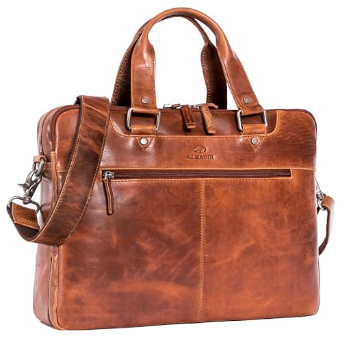 ALMADIH Leder Businesstasche Aktentasche 15 Zoll Laptoptasche mit 2 Hauptfächer Damen & Herren Umhängetasche Unitasche DIN A4 Dokumente Arbeitstasche Schultertasche Kofferschlaufe braun (LUCA deluxe)