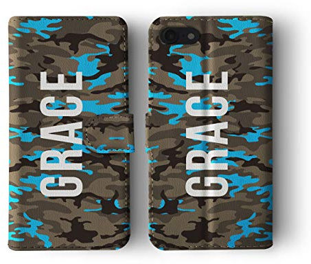 Tirita Personalised Custom Initials Wallet Leather Flip Phone Case/Cover compatible with iPhone Xs Max Camouflage Camo Pattern [27 - Turquoise Blue]